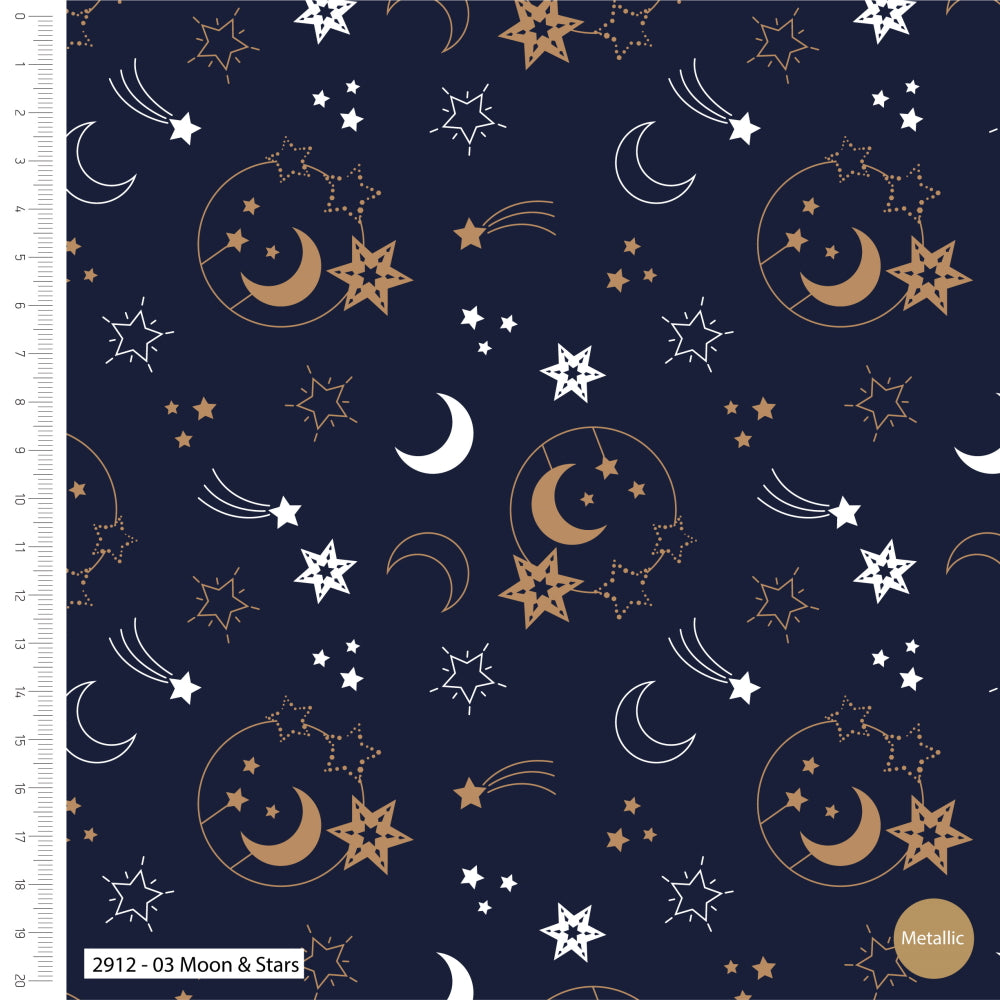 Starry Night Moon Stars Navy Blue Gold Metallic Christmas Fabric