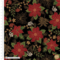 Traditional Poinsettia Black Metallic Christmas Cotton Fabric