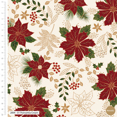 Traditional Poinsettia Metallic Christmas Cotton Fabric