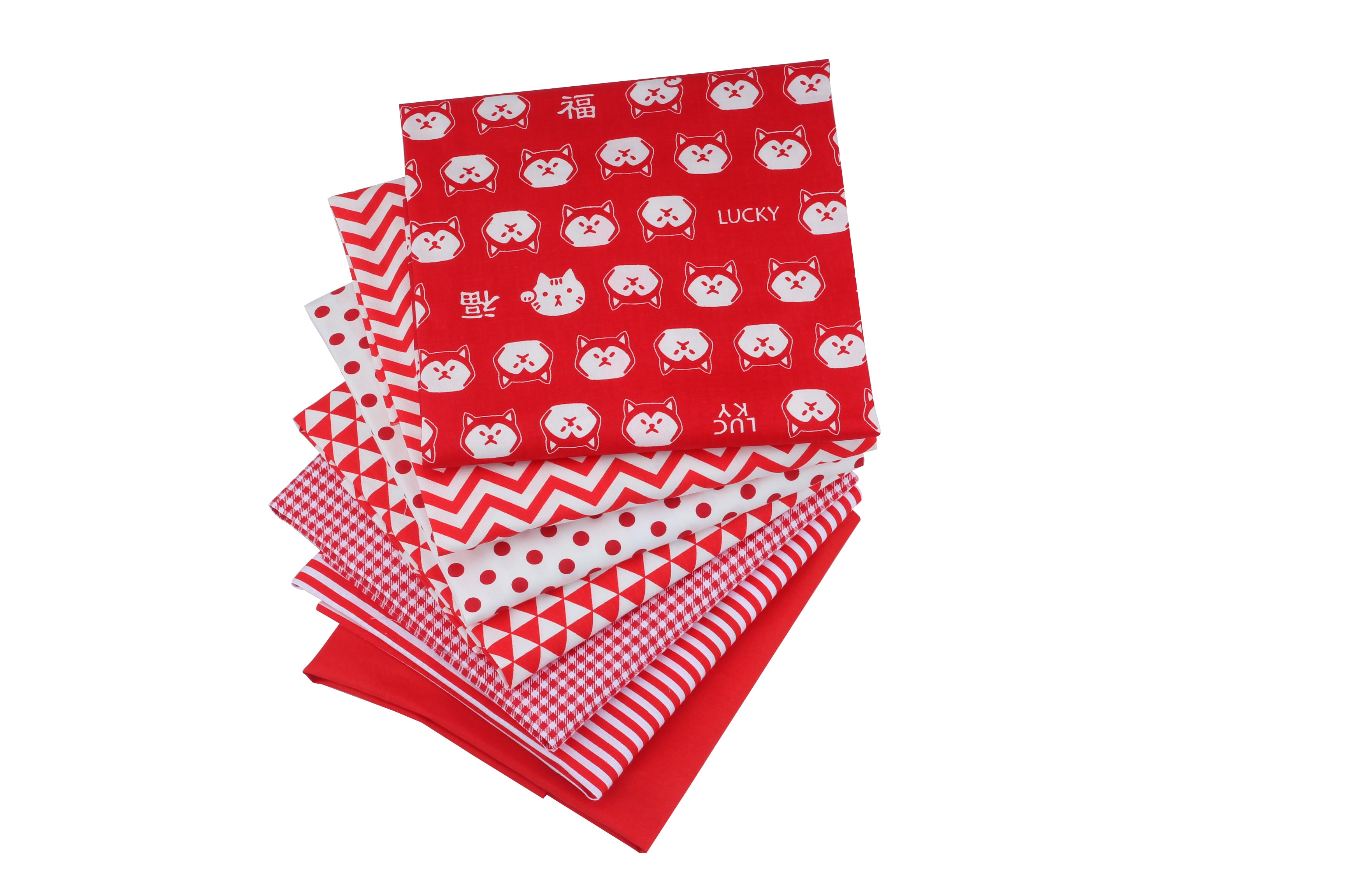 CraftsFabrics 7 pcs Red and White Printed Cotton Fat Quarters