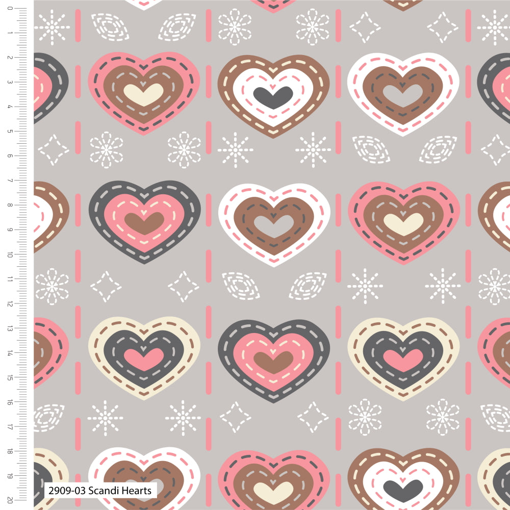 Scandi Love Hearts Pink Grey Christmas Cotton Fabric