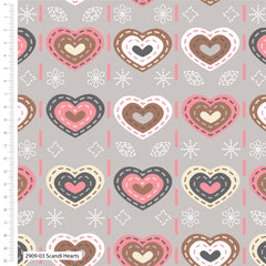 Scandi Love Hearts Pink Grey Christmas Cotton Fabric