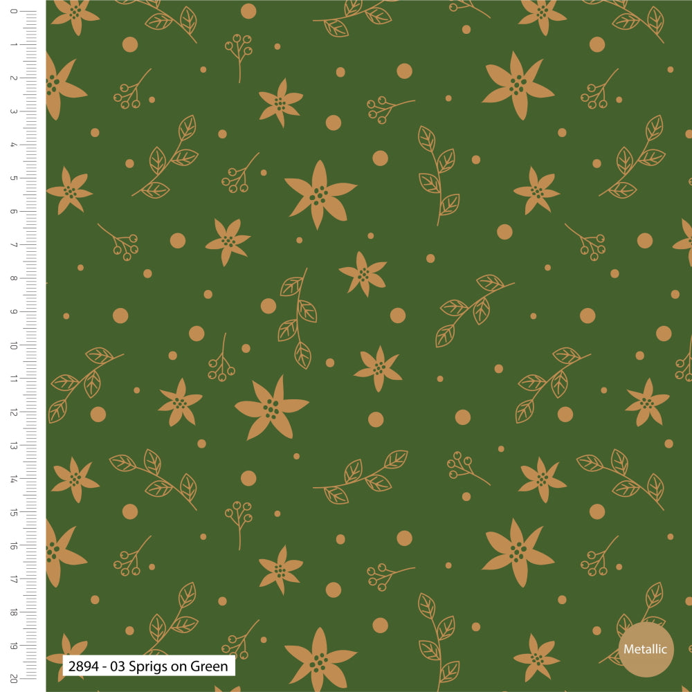 Traditional Poinsettia Metallic Sprigs on Green Christmas Cotton Fabric